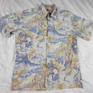 Campia Moda Hawaiian Shirt Mens Medium Blue Beige Floral Print Short Sleeve